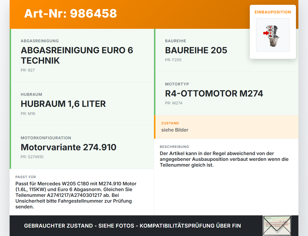 Mercedes W205 C180 14-19 1,6 115KW 274910 Kolben mit Pleuel Pos B Mercedes W205 C180 14-19 26.03.2015 A2741217... Vorschau 3