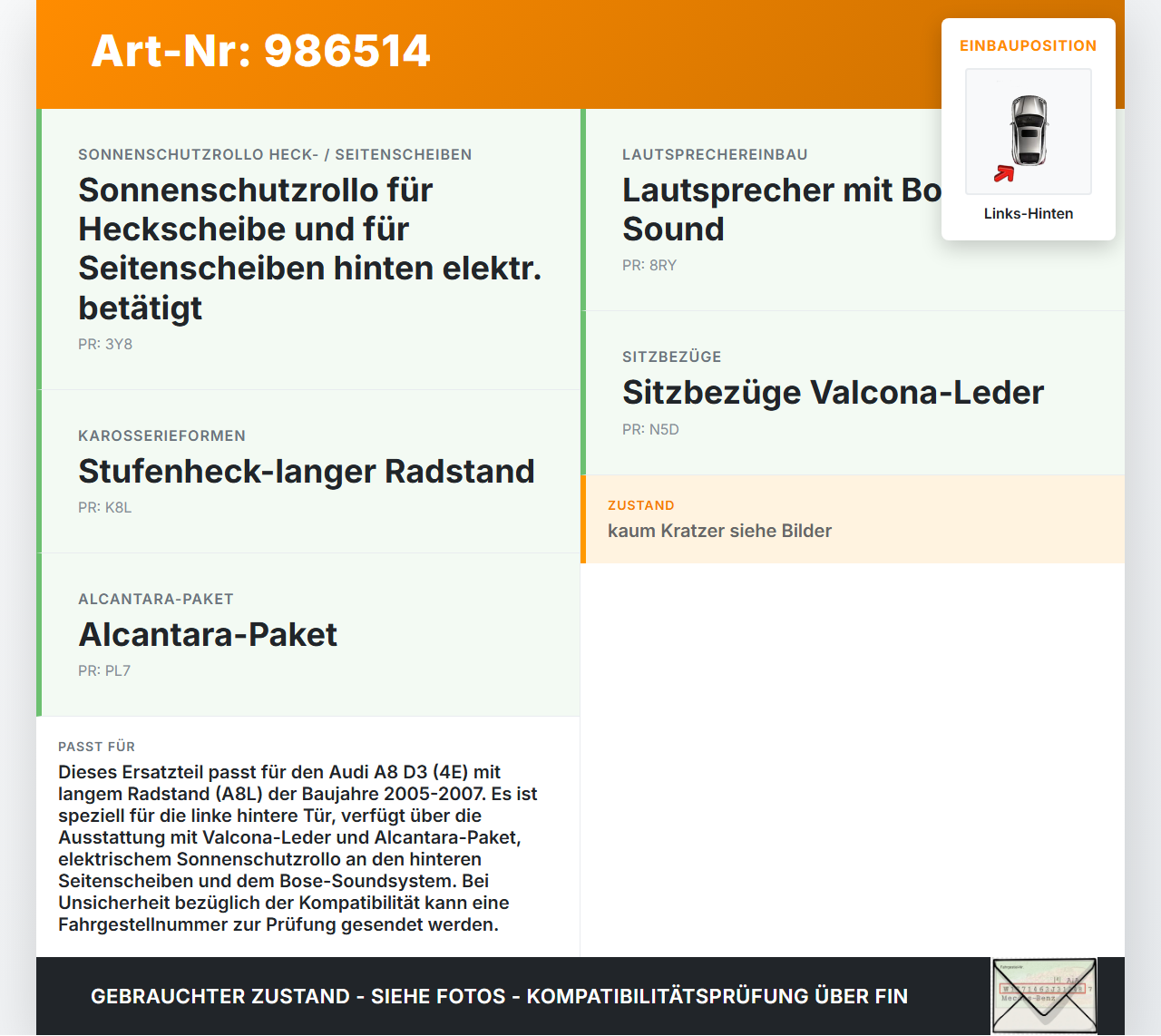 Audi A8 4E D3 05-07 Lang Türverkleidung Türpappe Links Hinten Leder und Alcantara Audi A8 4E D3 05-07 22.05.2007... Vorschau 3