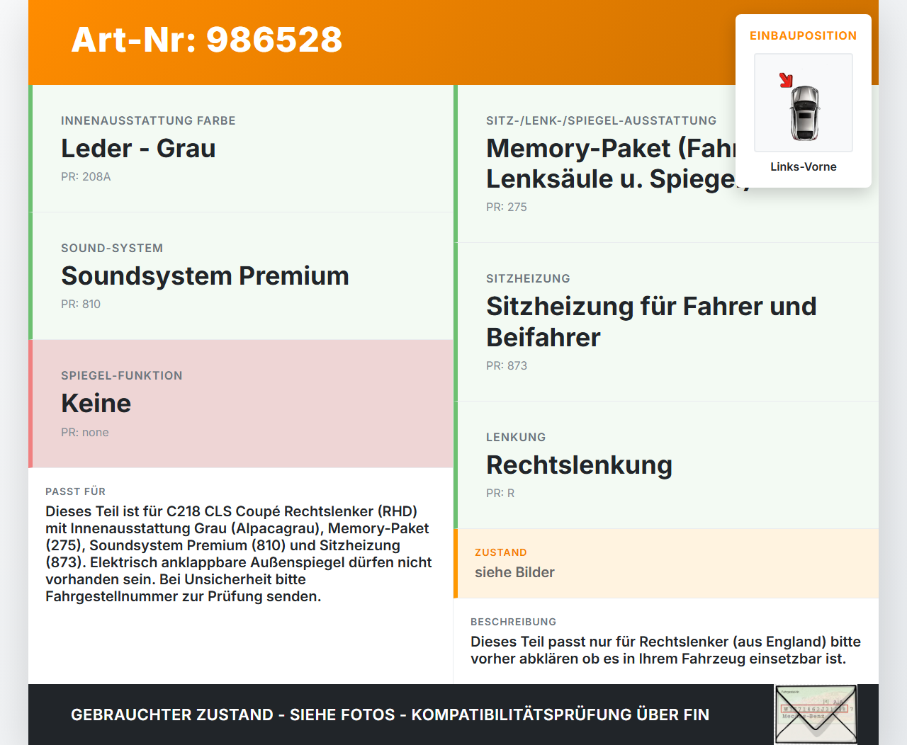 Mercedes C218 CLS 350 11-14 Coupe RHD Türverkleidung Türpappe Links Vorne Alpacagrau Mercedes C218 CLS 350 11-14... Vorschau 3