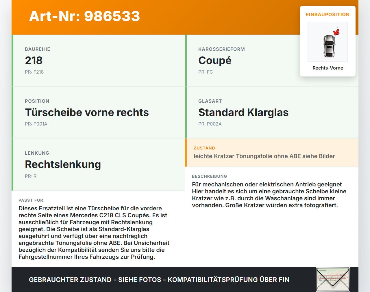 Mercedes C218 CLS 350 11-14 Coupe Seitenscheibe RVK Türscheibe Rechts Vorne Mercedes C218 CLS 350 11-14 25.01.2011... Vorschau 3