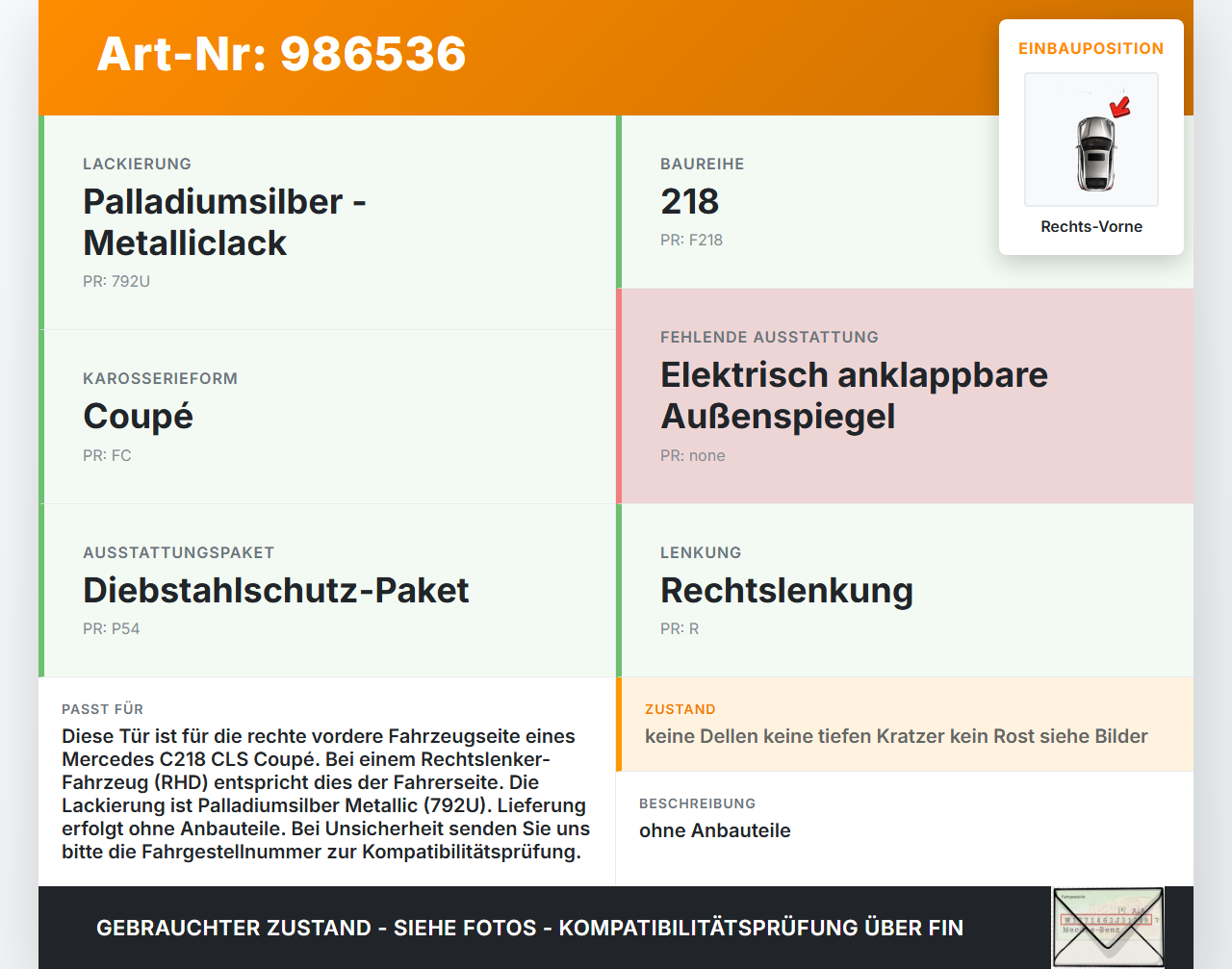 Mercedes C218 CLS 350 11-14 Coupe Tür Beifahrertür Rechts Vorne 792 Mercedes C218 CLS 350 11-14 25.01.2011... Vorschau 3