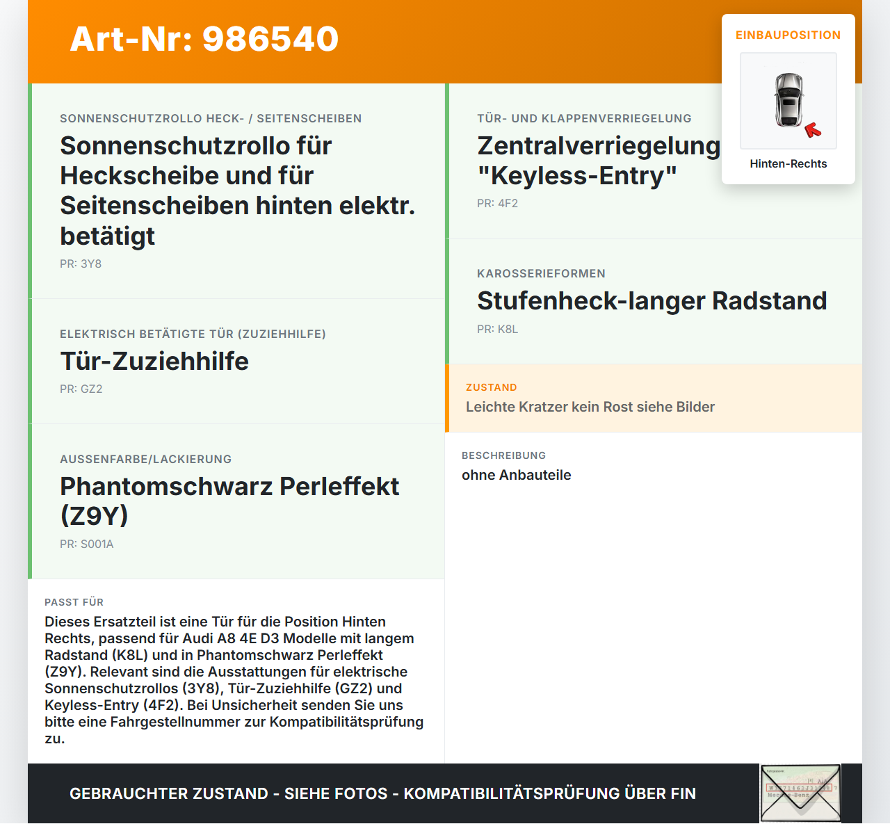 Audi A8 4E D3 05-07 Lang Tür Hinten Rechts LZ9Y Audi A8 4E D3 05-07 22.05.2007 4E4833052A gebraucht Vorschau 3