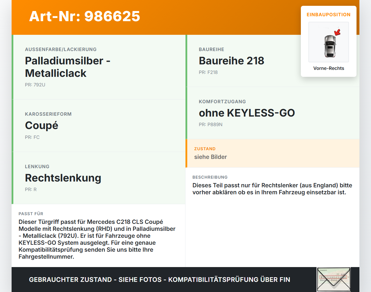 Mercedes C218 CLS 350 11-14 Coupe RHD Türgriff Griff aussen Vorne Rechts 792 Mercedes C218 CLS 350 11-14 25.01.2011... Vorschau 3