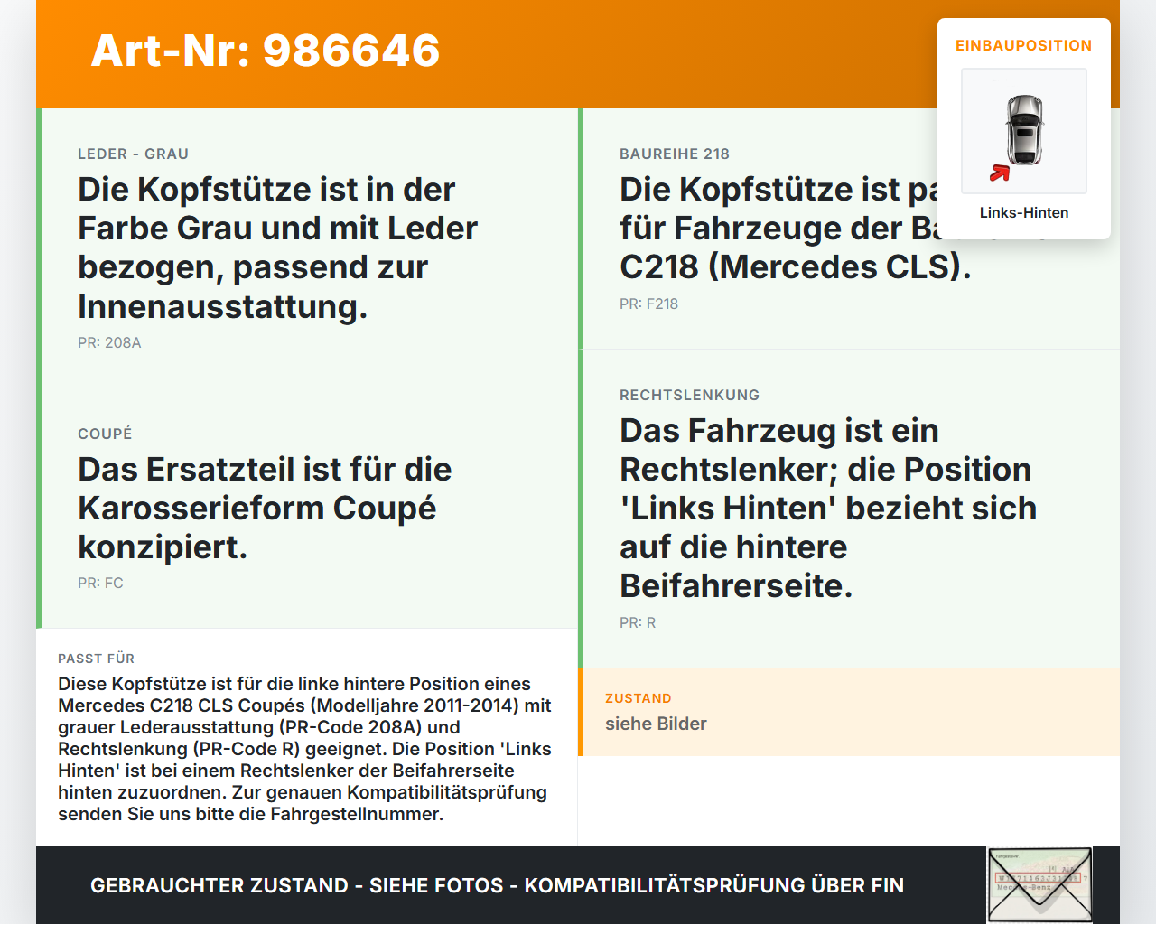 Mercedes C218 CLS 350 11-14 Coupe Kopfstütze Links Hinten Leder Grau 208A Mercedes C218 CLS 350 11-14 25.01.2011... Vorschau 3