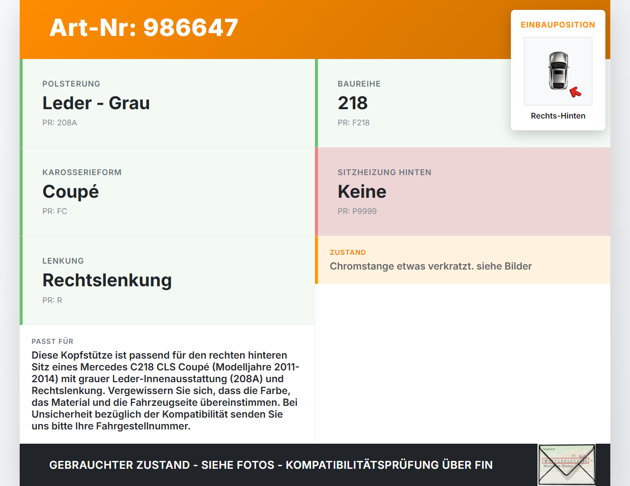 Mercedes C218 CLS 350 11-14 Coupe Kopfstütze für Sitz Rechts Hinten Leder Grau 208A Mercedes C218 CLS 350 11-14... Vorschau 3