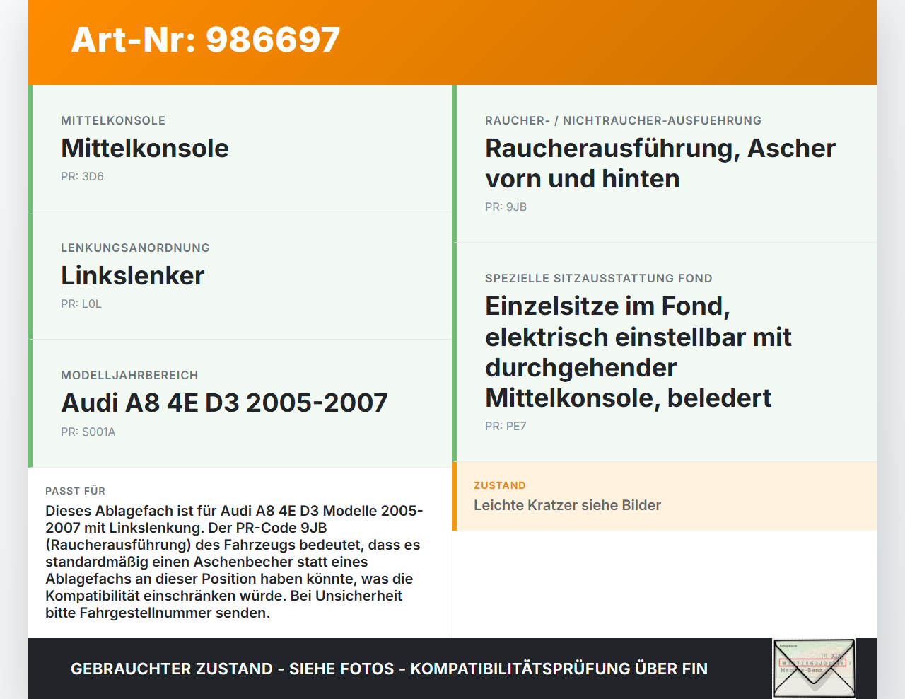 Audi A8 4E D3 05-07 Ablagefach Rollo Staufach für Mittelkonsole Audi A8 4E D3 05-07 22.05.2007 4E4863077F 4E4863077... Vorschau 3