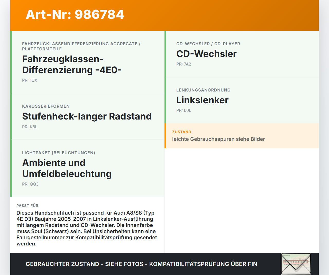 Audi A8 4E D3 05-07 Handschuhfach Handschuhkasten Audi A8 4E D3 05-07 22.05.2007 4E1857104D 4E1857104D24A gebraucht Vorschau 3