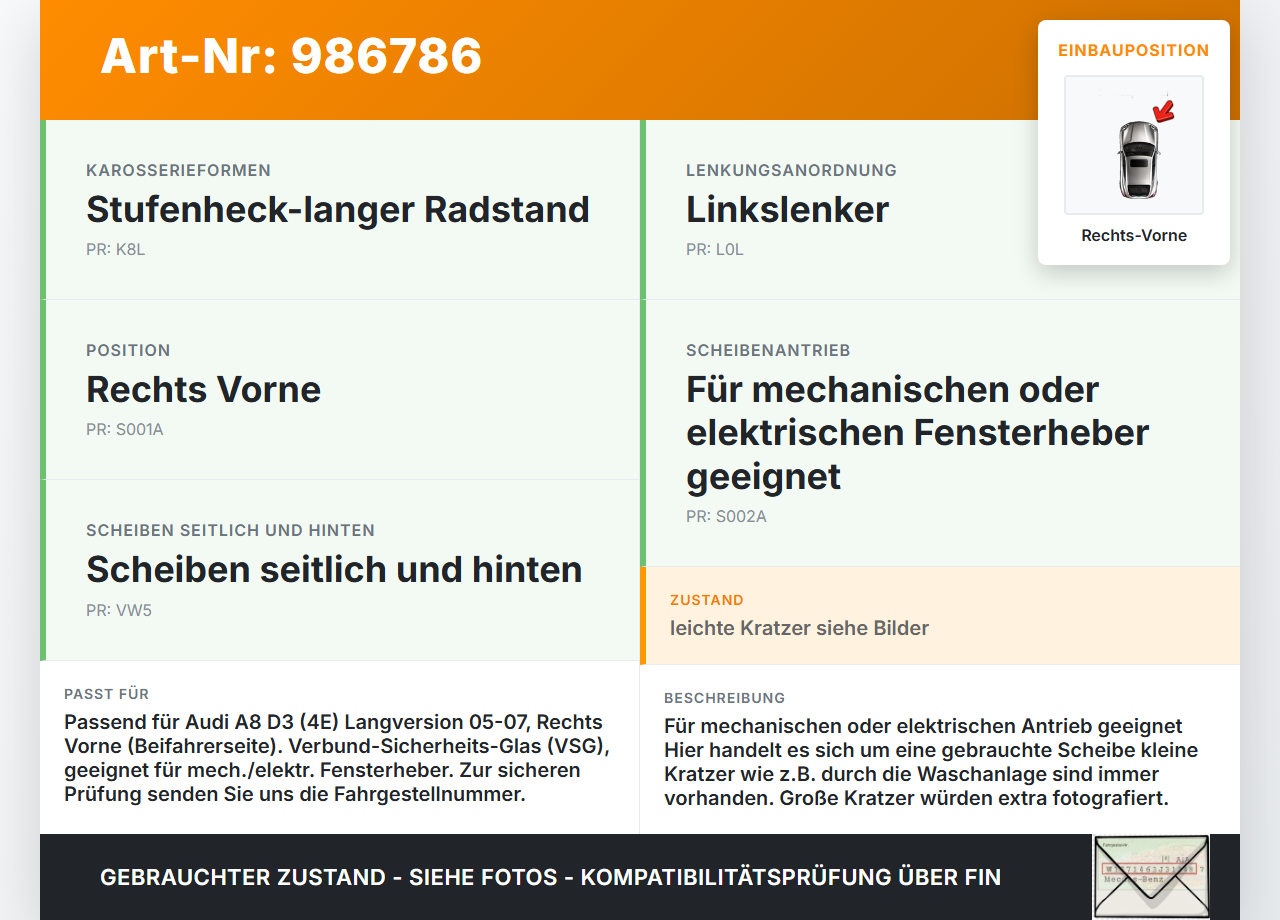 Audi A8 4E D3 05-07 Lang Seitenscheibe RVK Türscheibe Rechts Vorne VSG Audi A8 4E D3 05-07 22.05.2007 4E0845022E... Vorschau 3