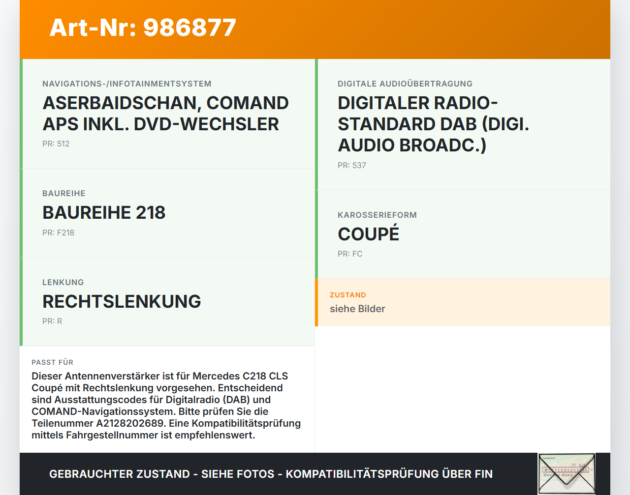 Mercedes C218 CLS 350 11-14 Antennenverstärker Weiche Antenne Pos.2 Mercedes C218 CLS 350 11-14 25.01.2011... Vorschau 3