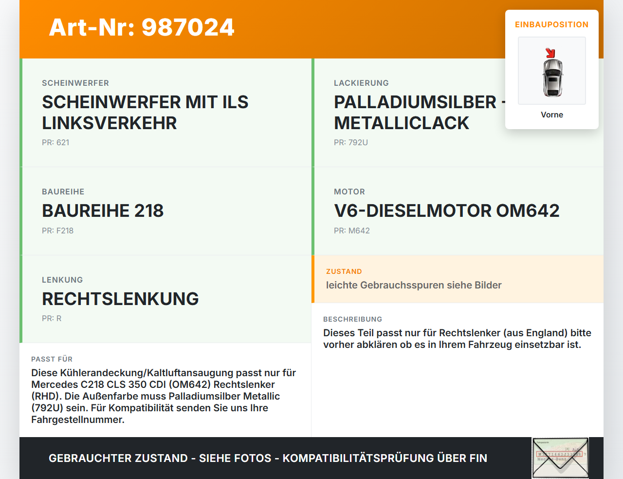 Mercedes C218 CLS 350 11-14 RHD Kaltluftansaugung Kühlerandeckung Verkleidung Vorne Mercedes C218 CLS 350 11-14... Vorschau 3
