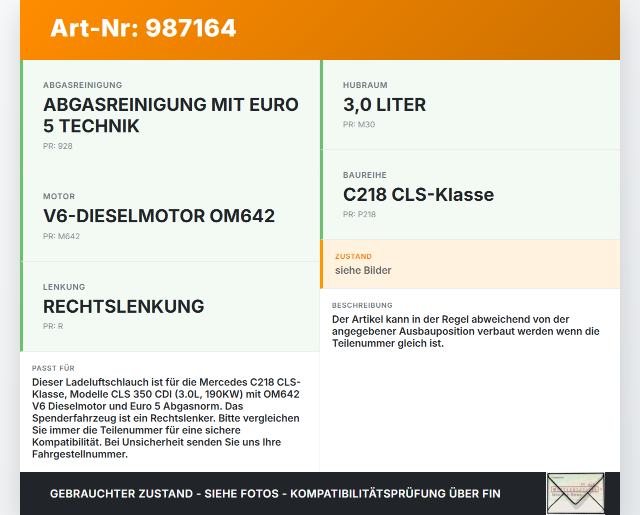Mercedes C218 CLS 350 11-14 CDI 3,0 190KW Ansaugrohr Ladeluftschlauch Luftschlauch Pos.1 Mercedes C218 CLS 350... Vorschau 3