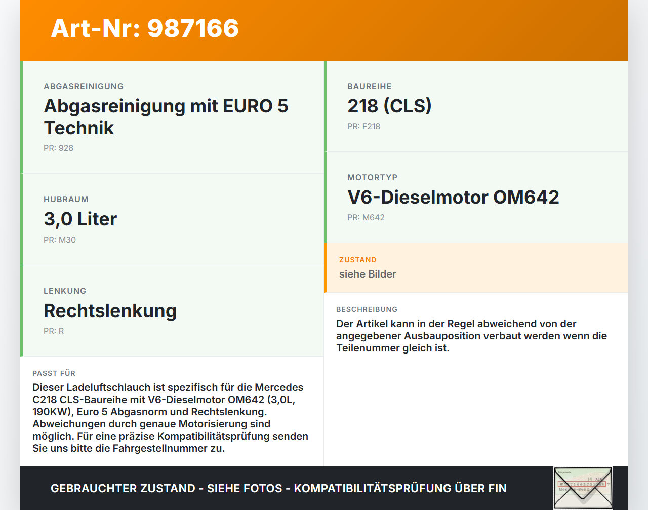 Mercedes C218 CLS 350 11-14 CDI 3,0 190KW Ansaugrohr Ladeluftschlauch Luftschlauch Pos.1 Mercedes C218 CLS 350... Vorschau 3
