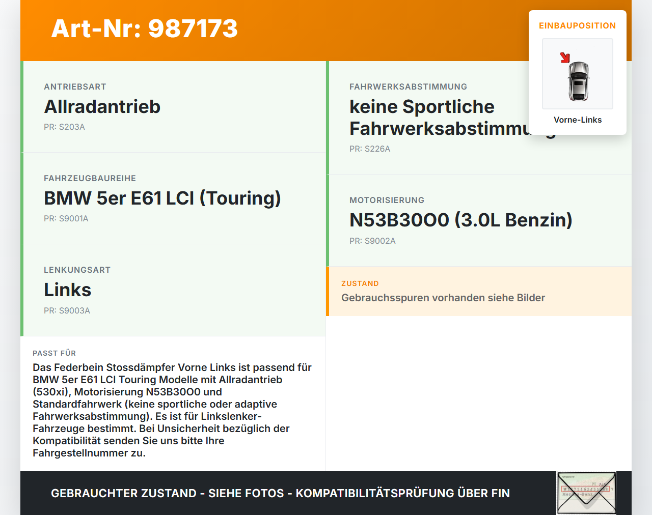 BMW E61 530xi LCI 07-09 Kombi Federbein Stossdämpfer Vorne Links BMW E61 530xi LCI 07-09 10.12.2008 3131-6786519... Vorschau 3