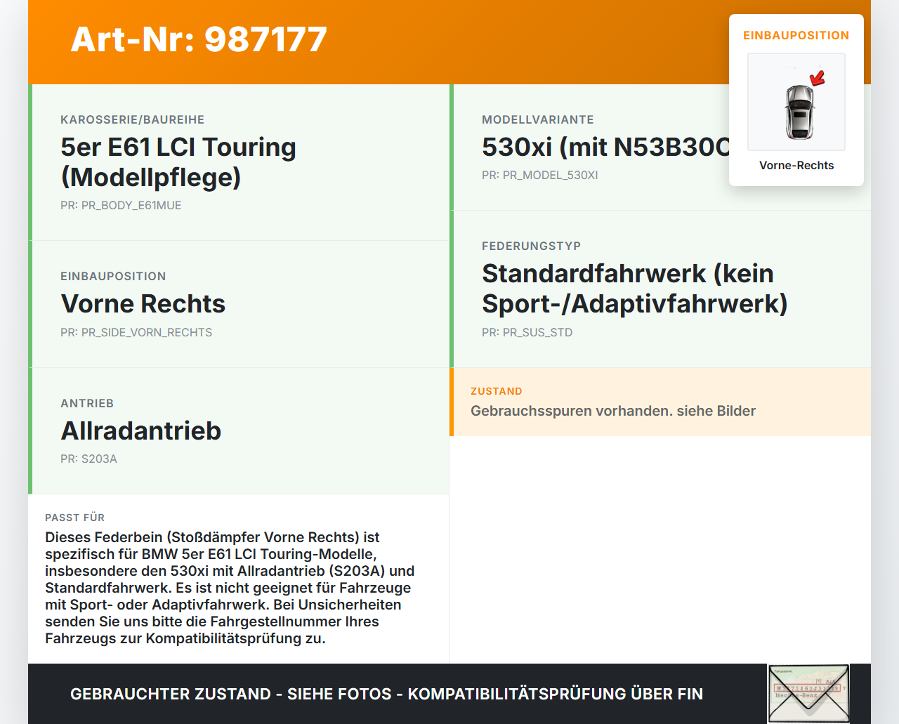 BMW E61 530xi LCI 07-09 Kombi Federbein Stoßdämpfer Vorne Rechts BMW E61 530xi LCI 07-09 10.12.2008 3131-6786520... Vorschau 3