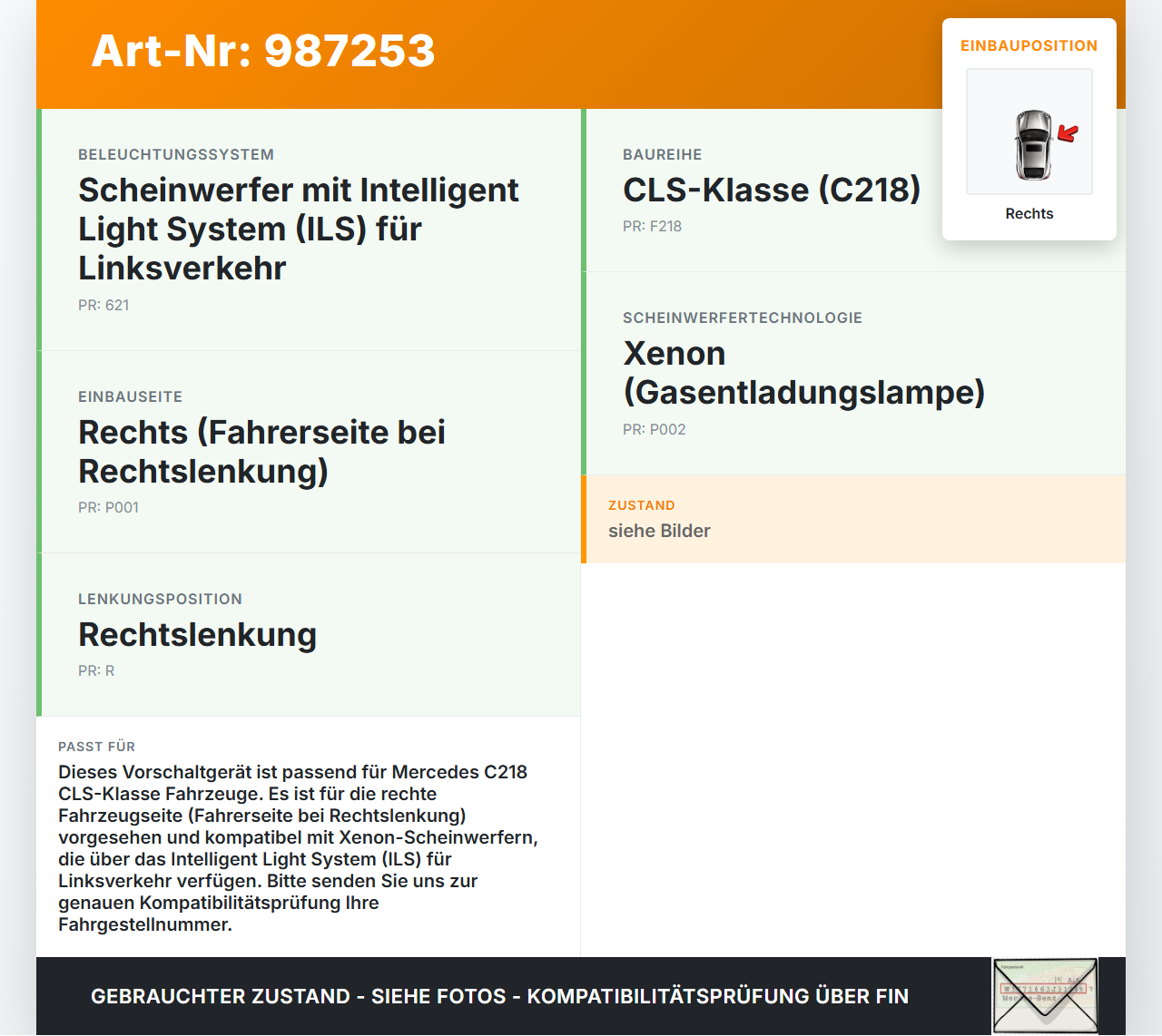 Mercedes C218 CLS 350 11-14 Ballast LAM-S Vorschaltgerät Rechts Mercedes C218 CLS 350 11-14 25.01.2011 A2189009700... Vorschau 3