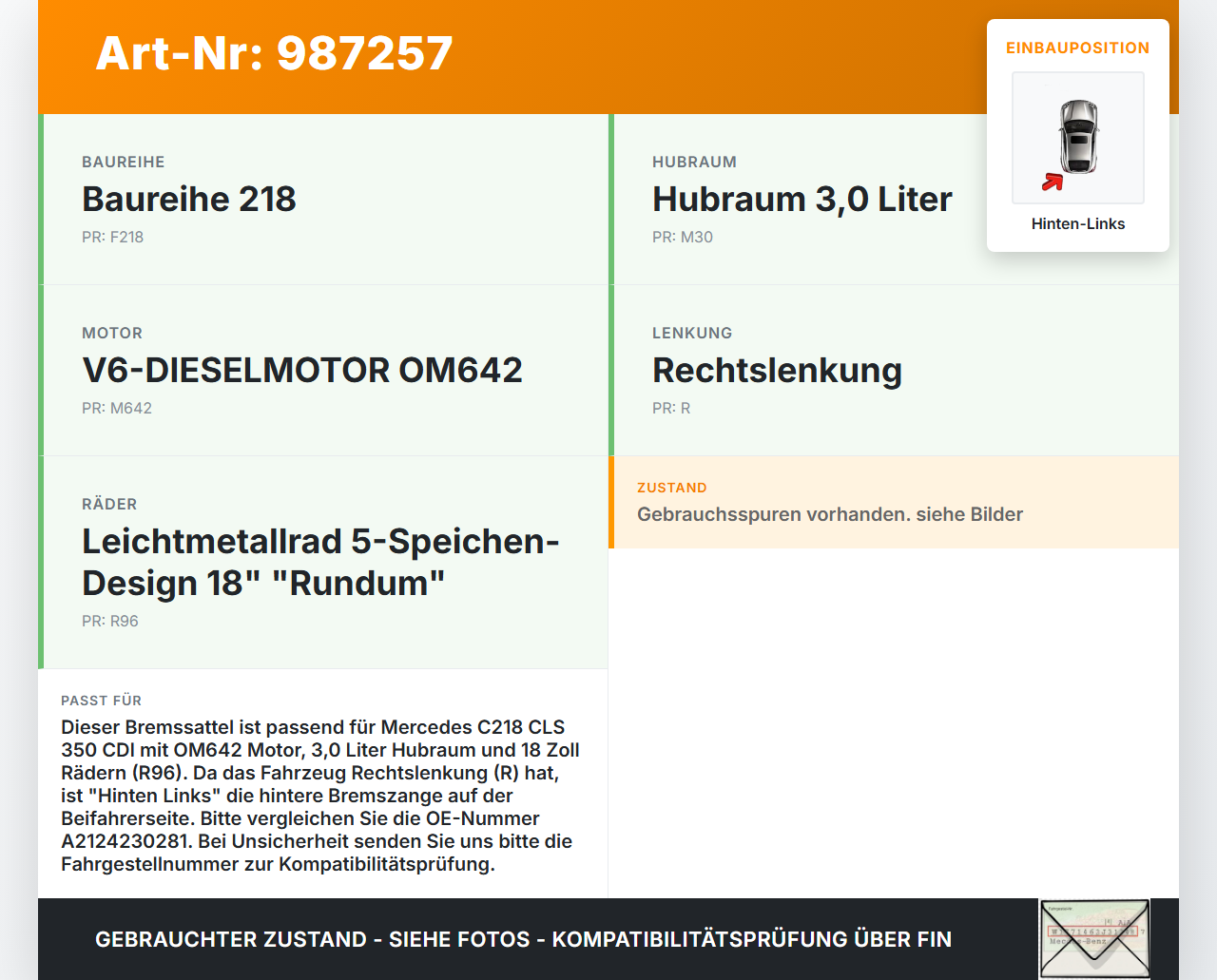 Mercedes C218 CLS 350 11-14 CDI 3,0 190KW Bremssattel Bremszange Hinten Links Mercedes C218 CLS 350 11-14... Vorschau 3