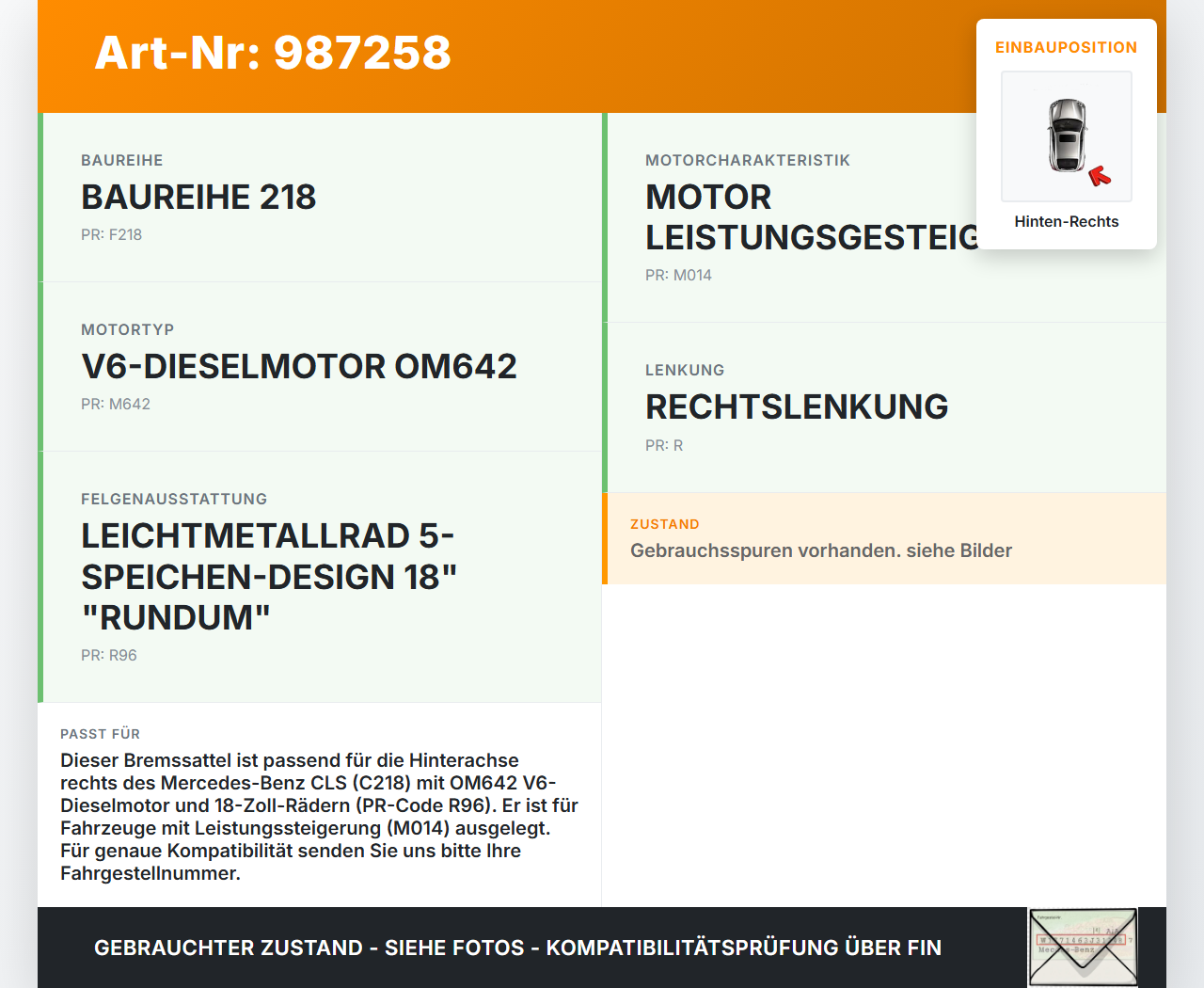 Mercedes C218 CLS 350 11-14 CDI 3,0 190KW Bremssattel Bremszange Hinten Rechts Mercedes C218 CLS 350 11-14... Vorschau 3