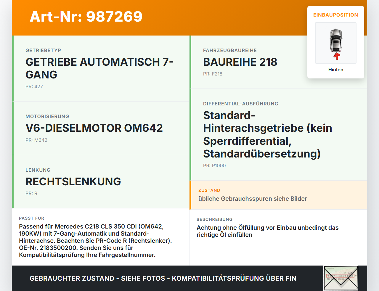 Mercedes C218 CLS 350 11-14 CDI 3,0 190KW Differential Hinterachsgetriebe Hinten Mercedes C218 CLS 350 11-14... Vorschau 3