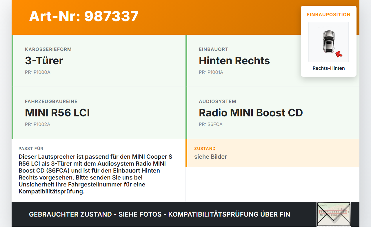 MINI Cooper S R56 LCI 10-13 3T Lautsprecher Rechts Hinten MINI Cooper S R56 LCI 10-13 29.07.2011 65133422633... Vorschau 3
