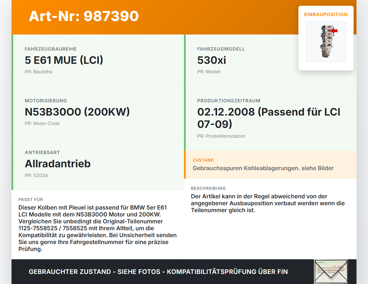 BMW E61 530xi LCI 07-09 3,0 200KW N53B30A Kolben mit Pleuel Pos E BMW E61 530xi LCI 07-09 10.12.2008 1125-7558525... Vorschau 3