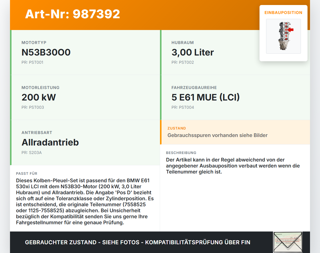 BMW E61 530xi LCI 07-09 3,0 200KW N53B30A Kolben mit Pleuel Pos D BMW E61 530xi LCI 07-09 10.12.2008 1125-7558525... Vorschau 3