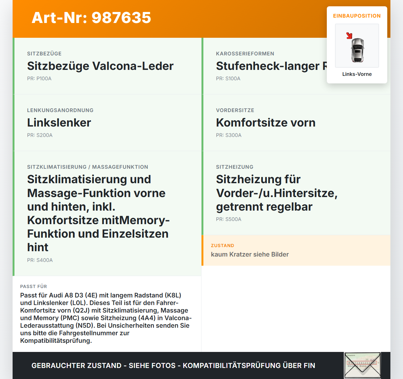 Audi A8 4E D3 05-07 Lang Blende Innen Rückenteil für Fahrer Sitz Links Vorne Audi A8 4E D3 05-07 22.05.2007 gebraucht Vorschau 3