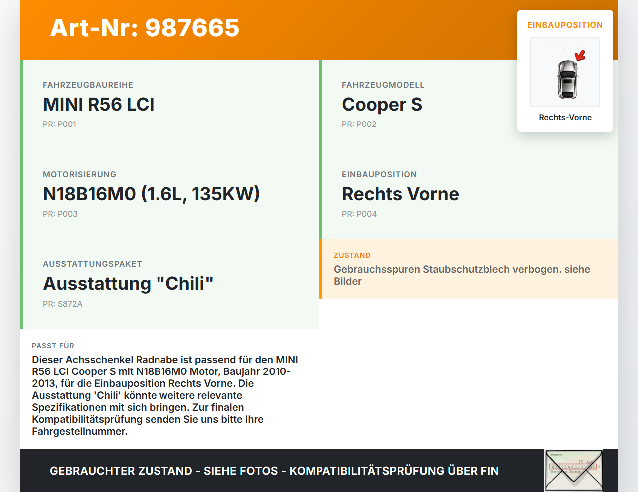 MINI Cooper S R56 LCI 10-13 1,6 135KW Achsschenkel Radnabe Rechts Vorne MINI Cooper S R56 LCI 10-13 29.07.2011... Vorschau 3