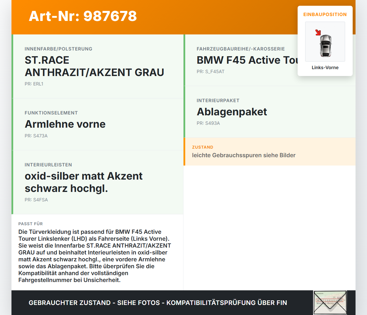 BMW F45 218d 14-18 Türverkleidung Türpappe Links Vorne BMW F45 218d 14-18 21.09.2017 7404813 51417404813 2947211... Vorschau 3