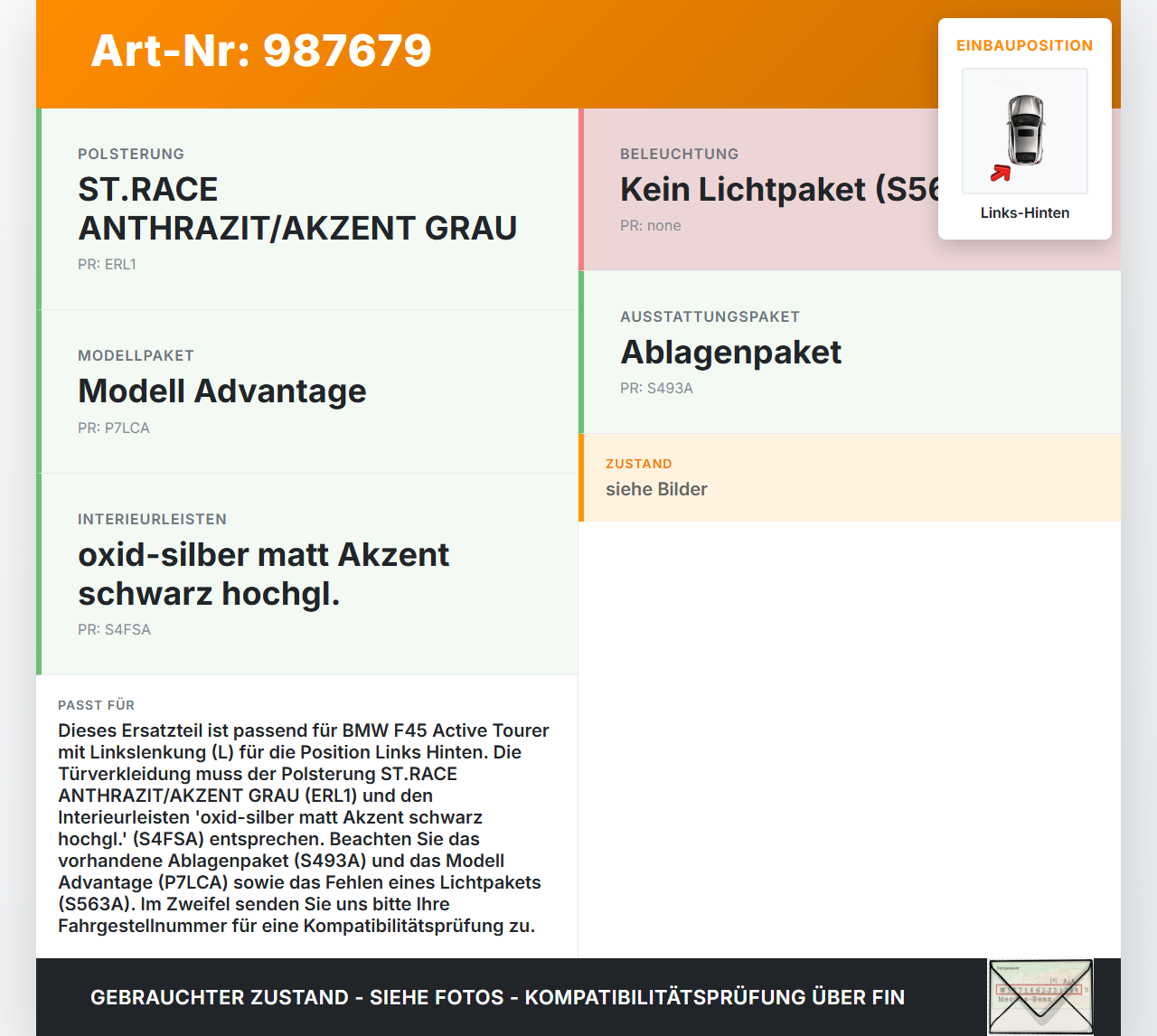 BMW F45 218d 14-18 Türverkleidung Türpappe Links Hinten BMW F45 218d 14-18 21.09.2017 7405011 51427405011 2947211... Vorschau 3