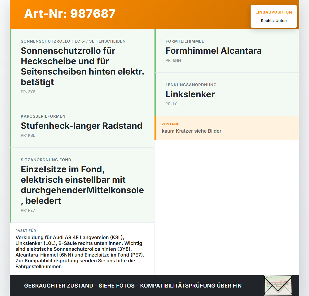 Audi A8 4E D3 05-07 Lang Verkleidung für B-Säule Rechts Unten Innen Audi A8 4E D3 05-07 22.05.2007 gebraucht Vorschau 3