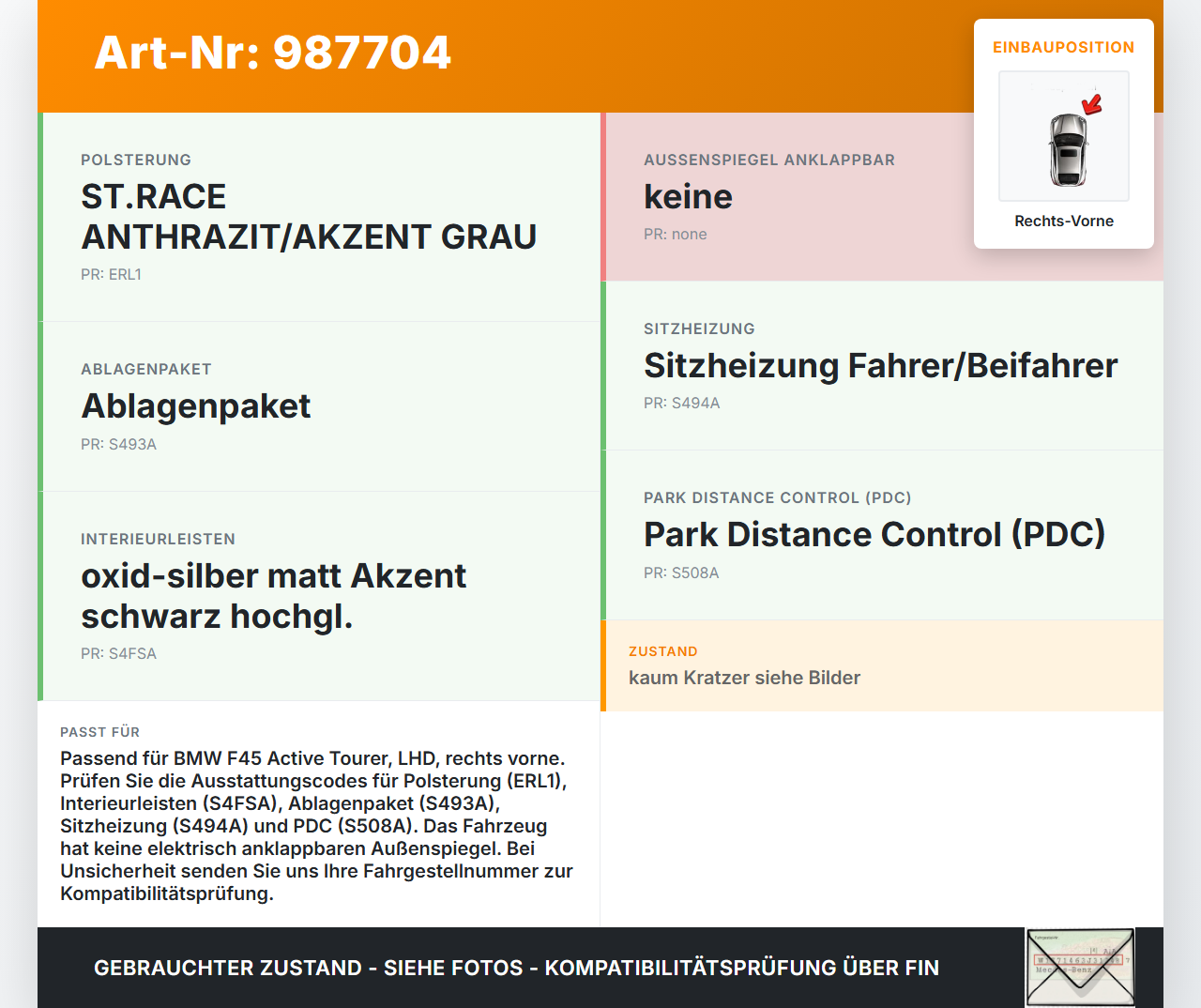 BMW F45 218d 14-18 Türverkleidung Türpappe Rechts Vorne BMW F45 218d 14-18 21.09.2017 5141-7404814 7404814 gebraucht Vorschau 3