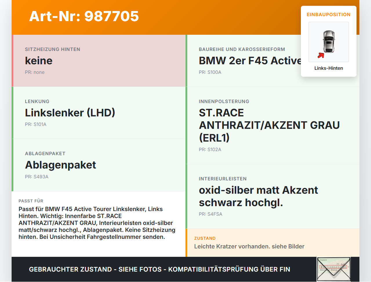 BMW F45 218d 14-18 Türverkleidung Türpappe Links Hinten BMW F45 218d 14-18 21.09.2017 7405011 51427405011 gebraucht Vorschau 3