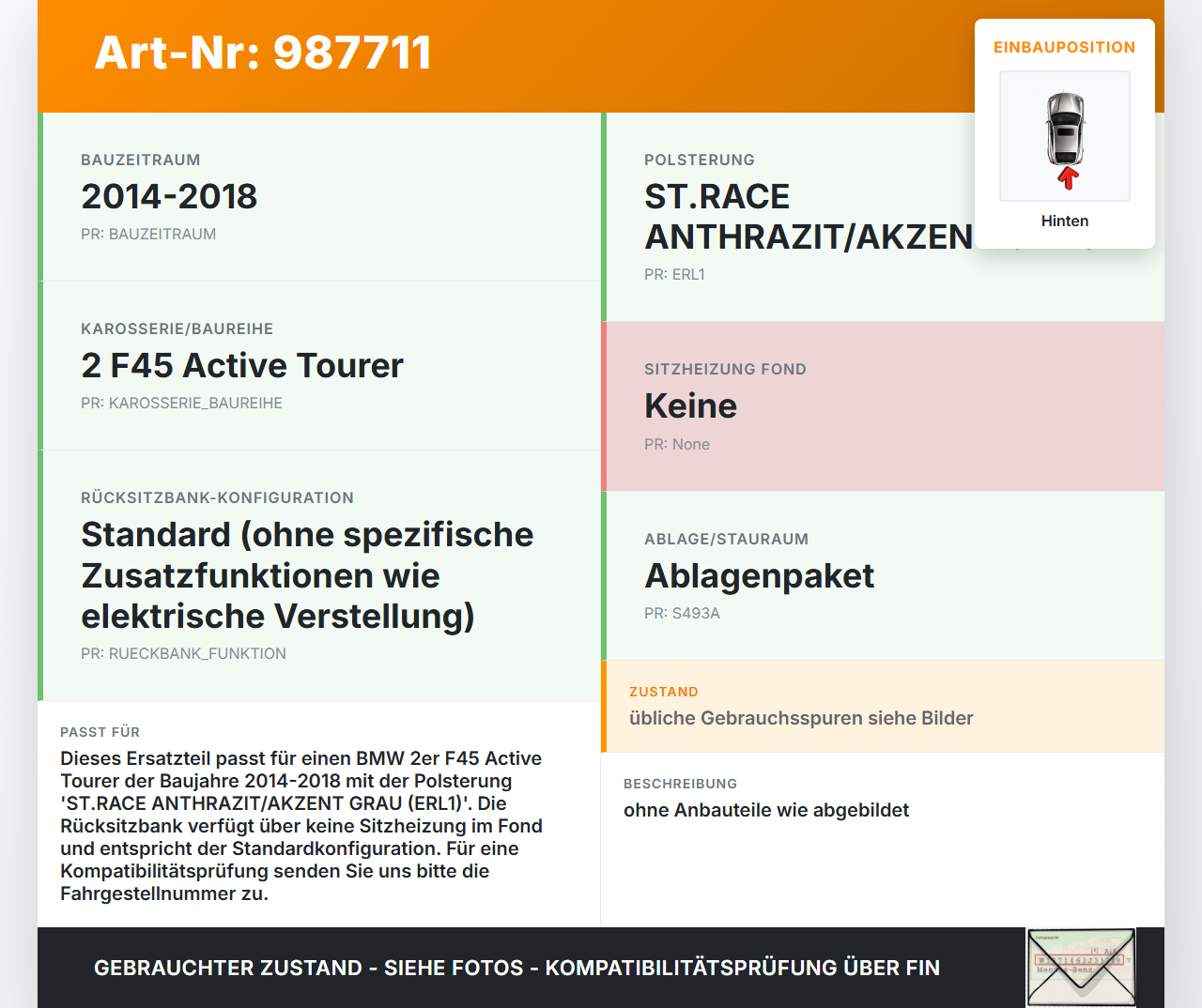 BMW F45 218d 14-18 Sitz Rücksitzbank Hinten BMW F45 218d 14-18 21.09.2017 gebraucht Vorschau 3