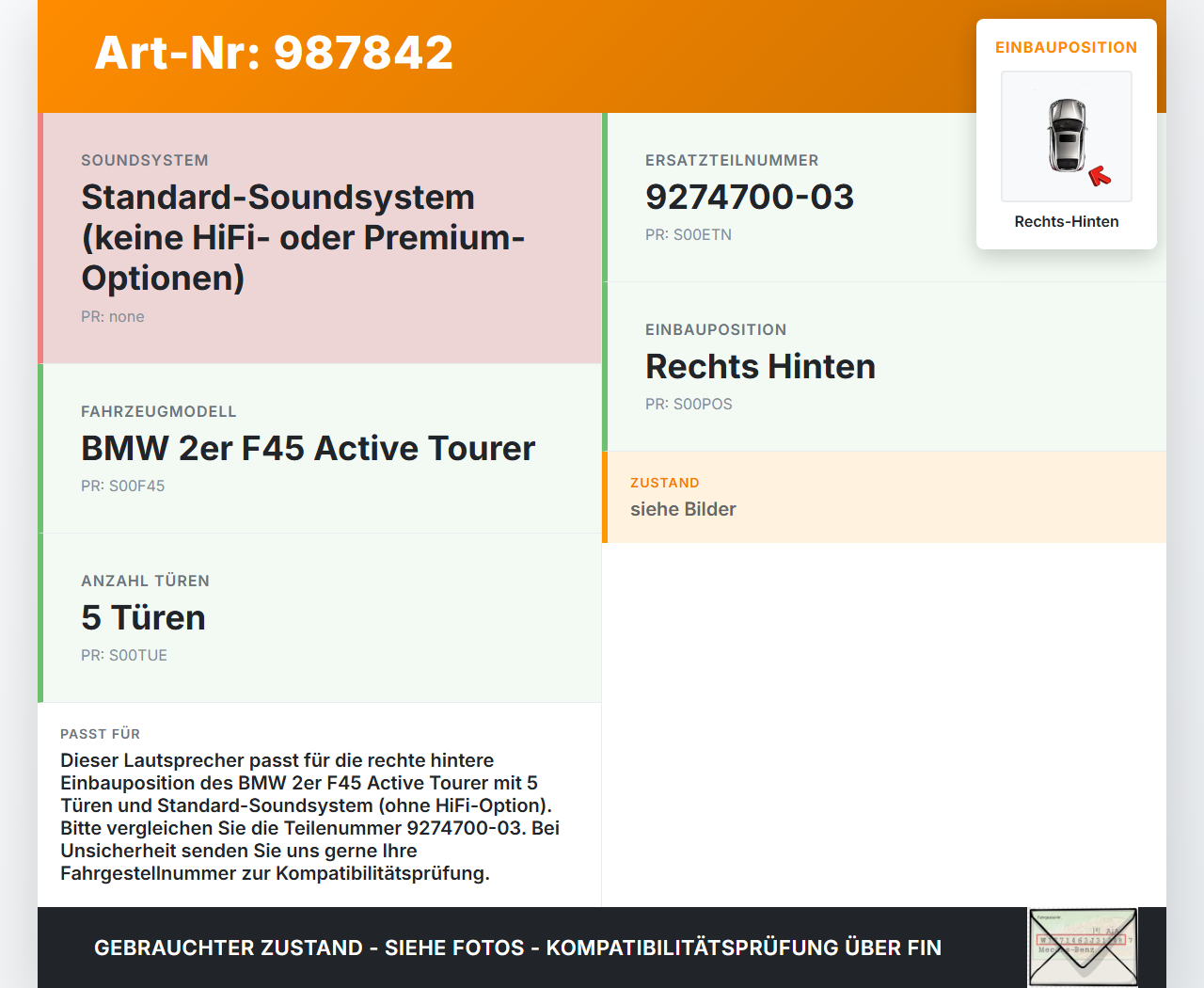BMW F45 218d 14-18 Lautsprecher Rechts Hinten BMW F45 218d 14-18 21.09.2017 9274700-03 gebraucht Vorschau 3
