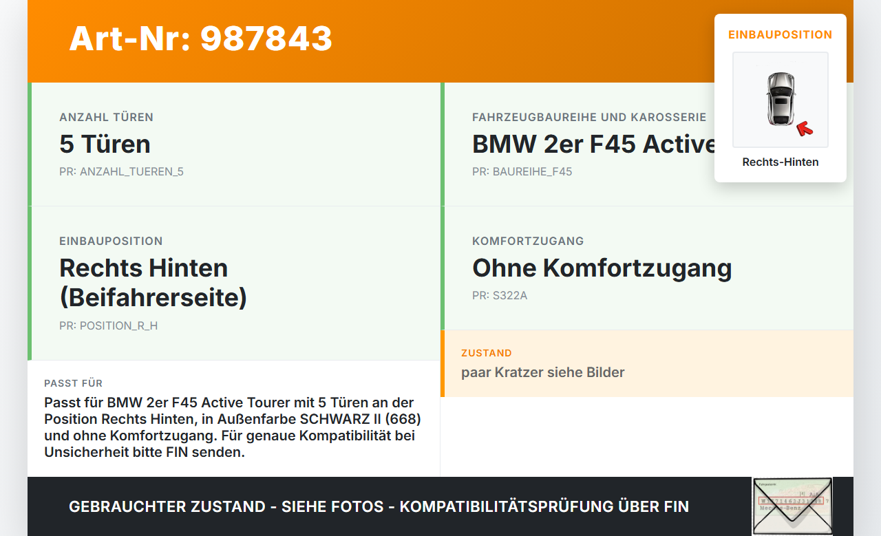 BMW F45 218d 14-18 Türgriff Griff aussen Rechts Hinten 668 BMW F45 218d 14-18 21.09.2017 7396306 51217396306 gebraucht Vorschau 3