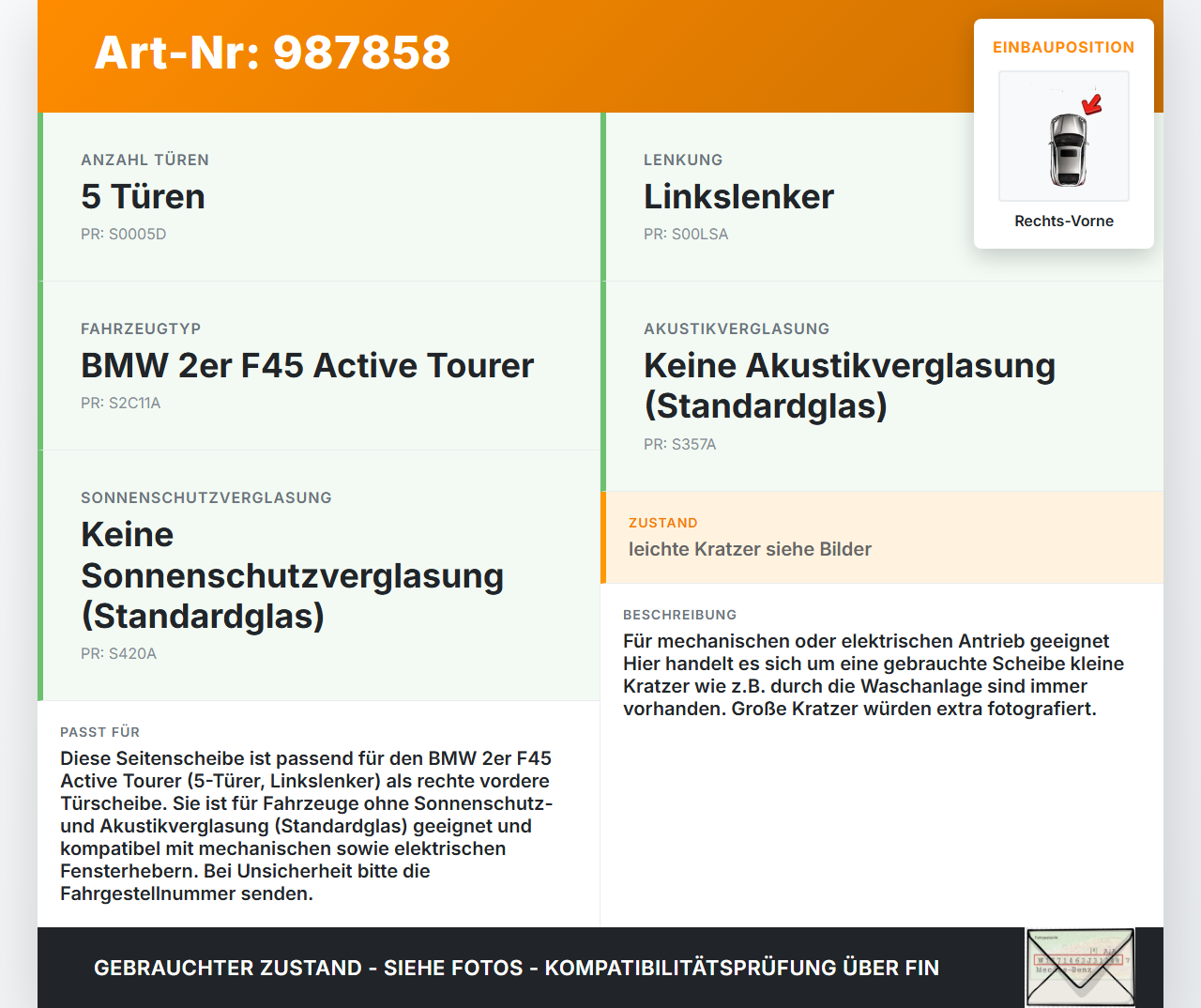 BMW F45 218d 14-18 Seitenscheibe RVK Türscheibe Rechts Vorne BMW F45 218d 14-18 21.09.2017 5133-7296392 7296392... Vorschau 3