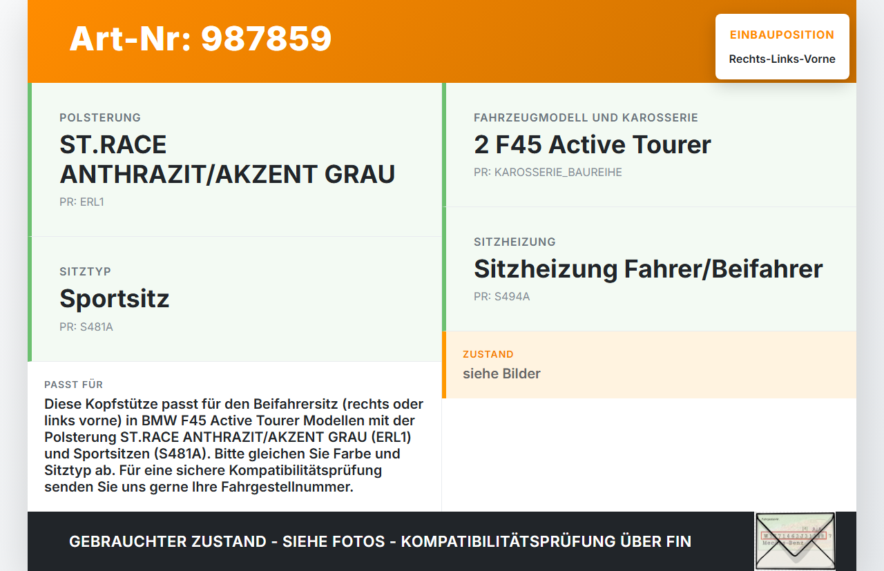 BMW F45 218d 14-18 Kopfstütze für Beifahrer Sitz Rechts oder Links Vorne BMW F45 218d 14-18 21.09.2017 7441265... Vorschau 3