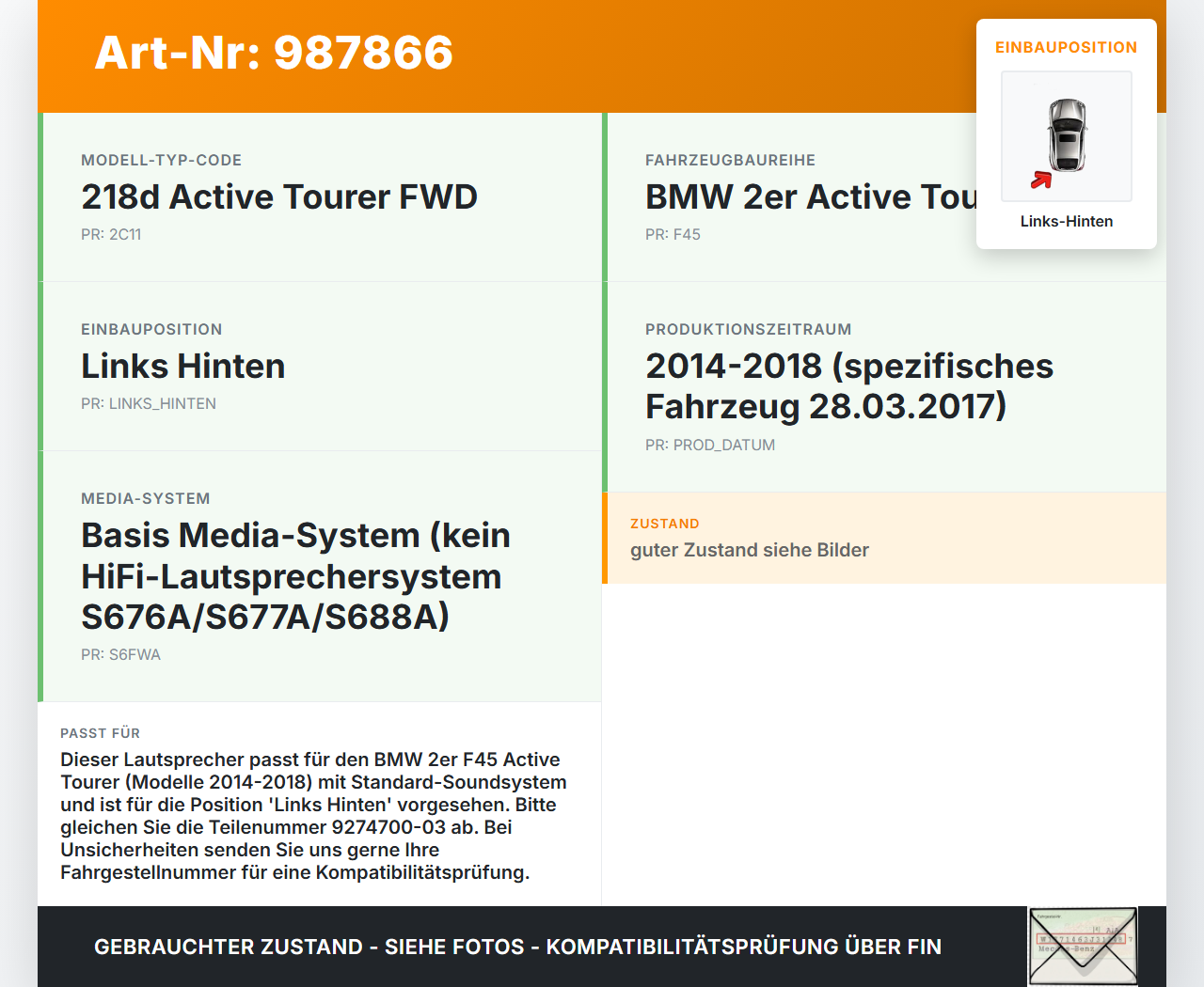 BMW F45 218d 14-18 Lautsprecher Links Hinten BMW F45 218d 14-18 21.09.2017 9274700-03 gebraucht Vorschau 3