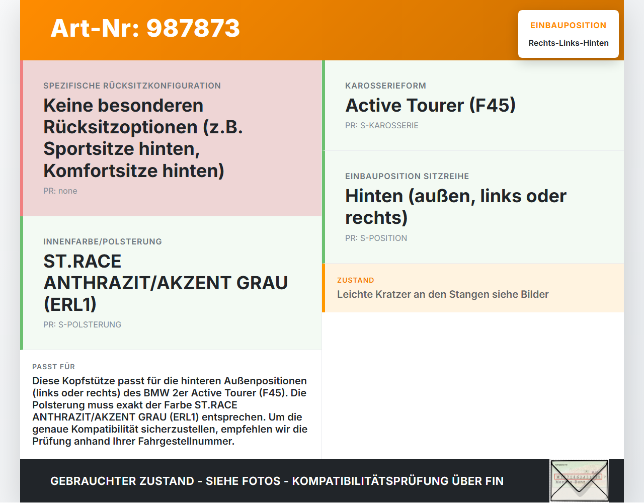 BMW F45 218d 14-18 Kopfstütze Rechts oder Links Hinten BMW F45 218d 14-18 21.09.2017 5220-7384811 7384811 gebraucht Vorschau 3