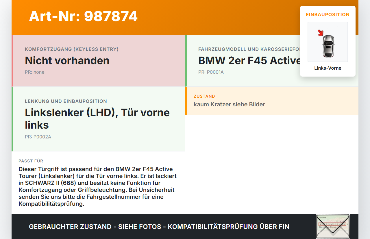 BMW F45 218d 14-18 Türgriff Griff aussen Links Vorne 668 BMW F45 218d 14-18 21.09.2017 7396305 51217396305 gebraucht Vorschau 3