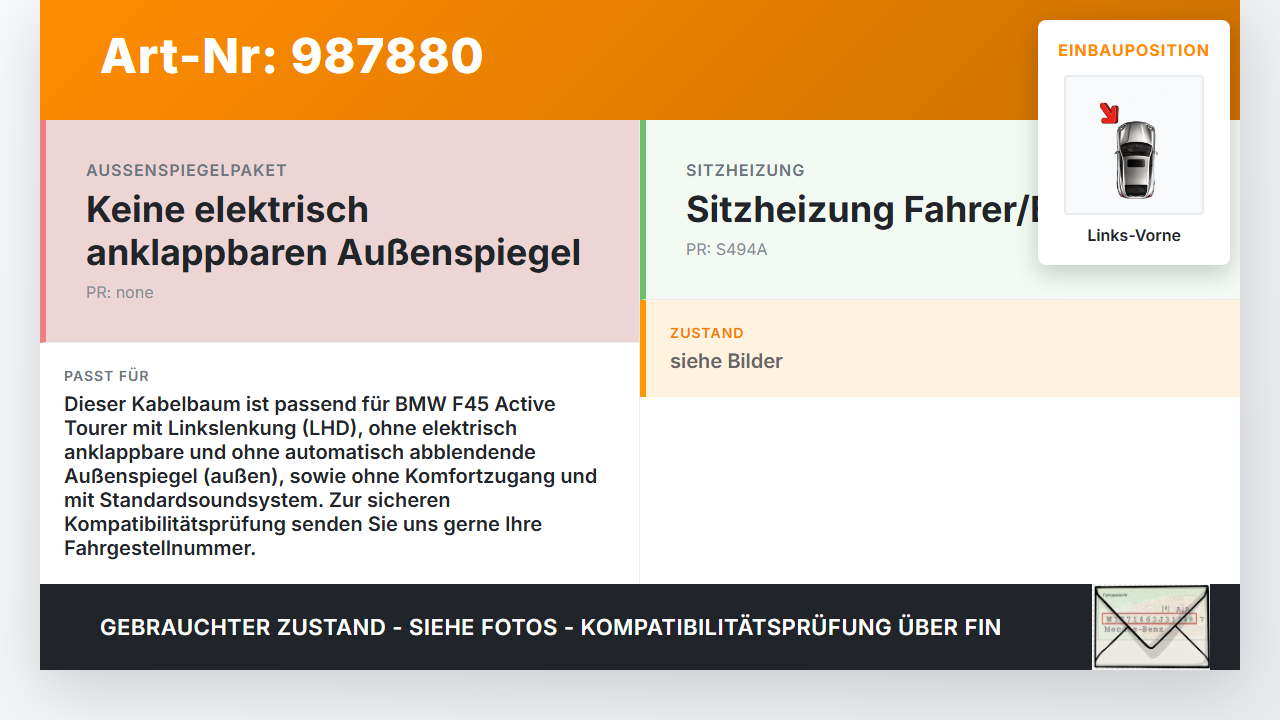 BMW F45 218d 14-18 Kabelbaum Tür und Fensterheber Links Vorne BMW F45 218d 14-18 21.09.2017 9389304-01 gebraucht Vorschau 3