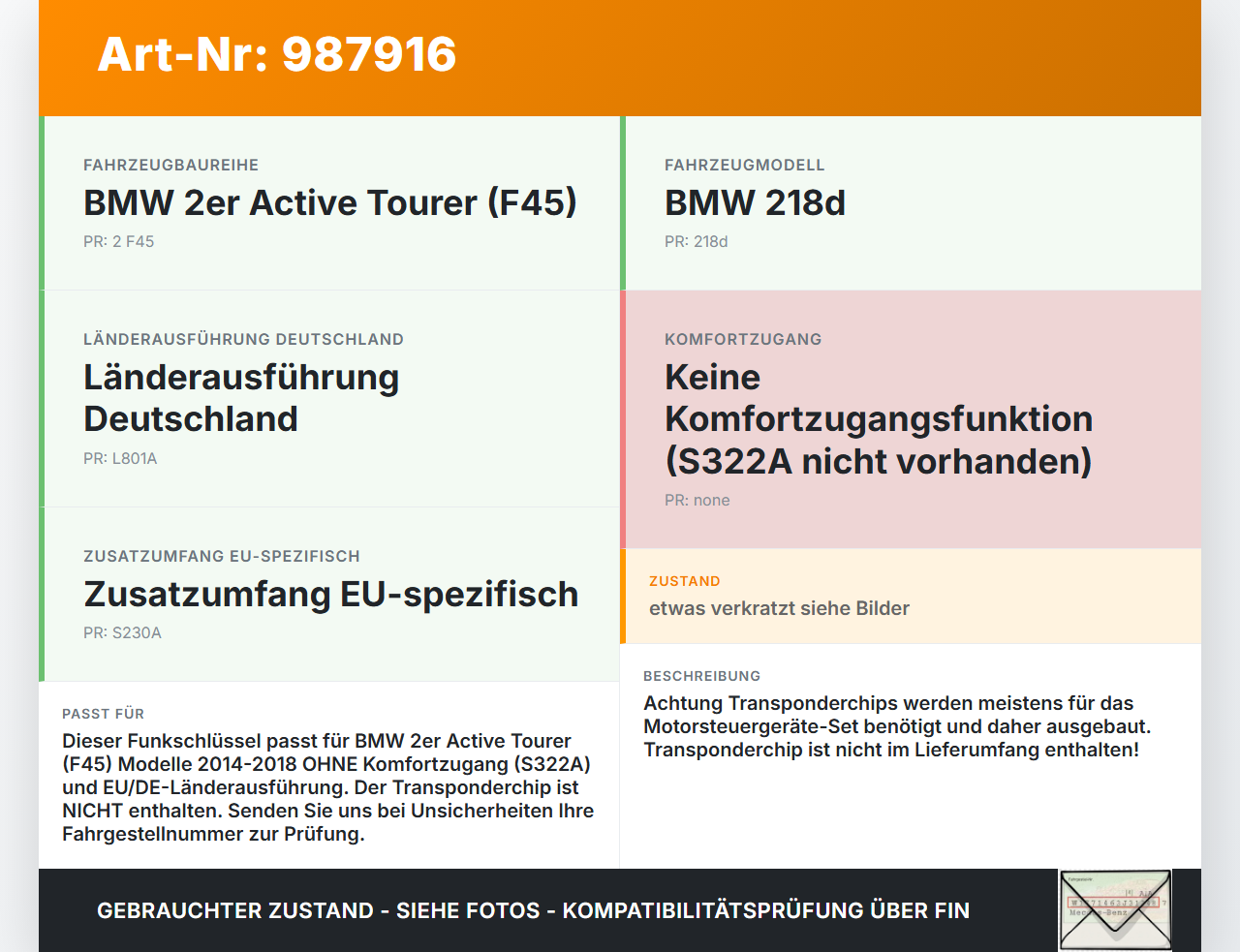 BMW F45 218d 14-18 Funkschlüssel Fernbedienung Autoschlüssel BMW F45 218d 14-18 21.09.2017 2556076 66125A56076 gebraucht Vorschau 3