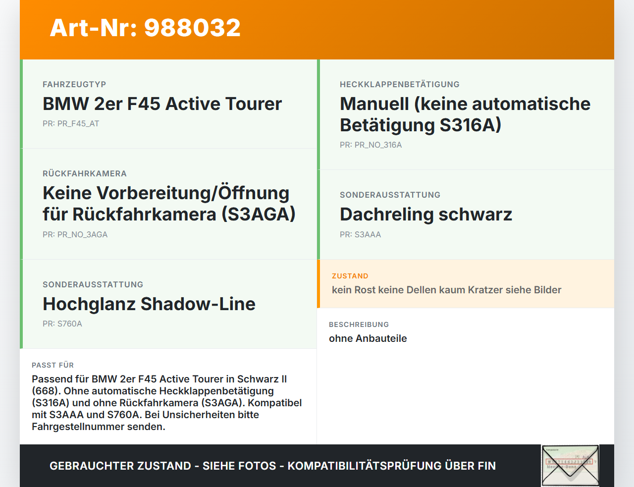 BMW F45 218d 14-18 Heckklappe Kofferraumdeckel 668 BMW F45 218d 14-18 21.09.2017 4100-7317766 7317766 gebraucht Vorschau 3