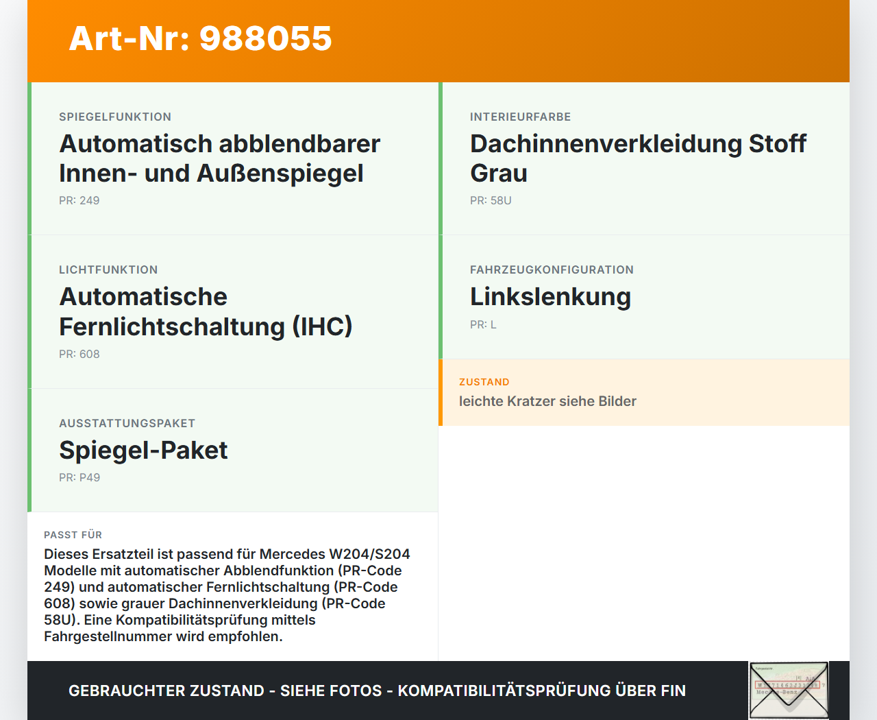 Mercedes S204 W204 C220 11-15 Innenspiegel Rückspiegel Spiegel Innen Mercedes S204 W204 C220 11-15 31.01.2012... Vorschau 3