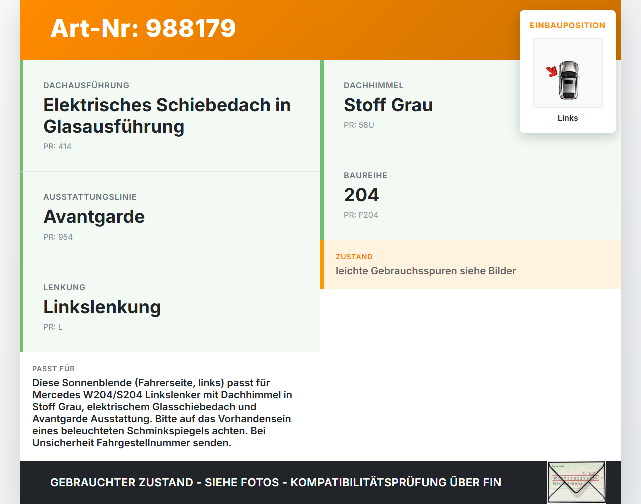 Mercedes S204 W204 C220 11-15 Sonnenblende Links für Fahrer Mercedes S204 W204 C220 11-15 31.01.2012 A2048104510... Vorschau 3