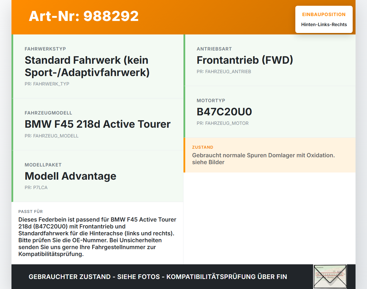 BMW F45 218d 14-18 Federbein Stossdämpfer Hinten Links und Rechts BMW F45 218d 14-18 21.09.2017 6887330 33506887330... Vorschau 3