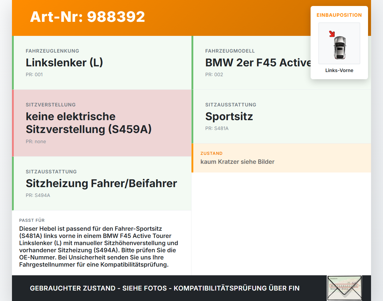 BMW F45 218d 14-18 2,0d 110KW Hebel für Sitzhöhenverstellung für Fahrer Sitz Links Vorne BMW F45 218d 14-18... Vorschau 3
