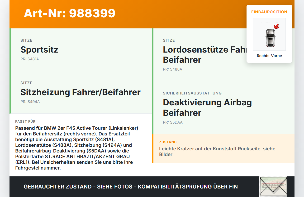 BMW F45 218d 14-18 Sitzbezug Rückenpolster Rechts Vorne für Beifahrer Sitz BMW F45 218d 14-18 21.09.2017 7374644... Vorschau 3