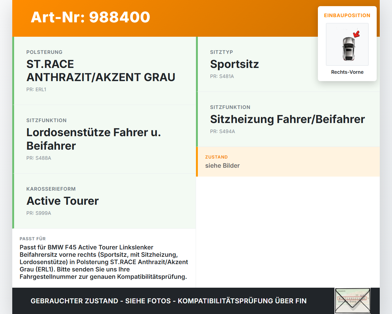 BMW F45 218d 14-18 Sitzbezug Sitzpolster für Beifahrersitz Rechts Vorne BMW F45 218d 14-18 21.09.2017 7374639... Vorschau 3