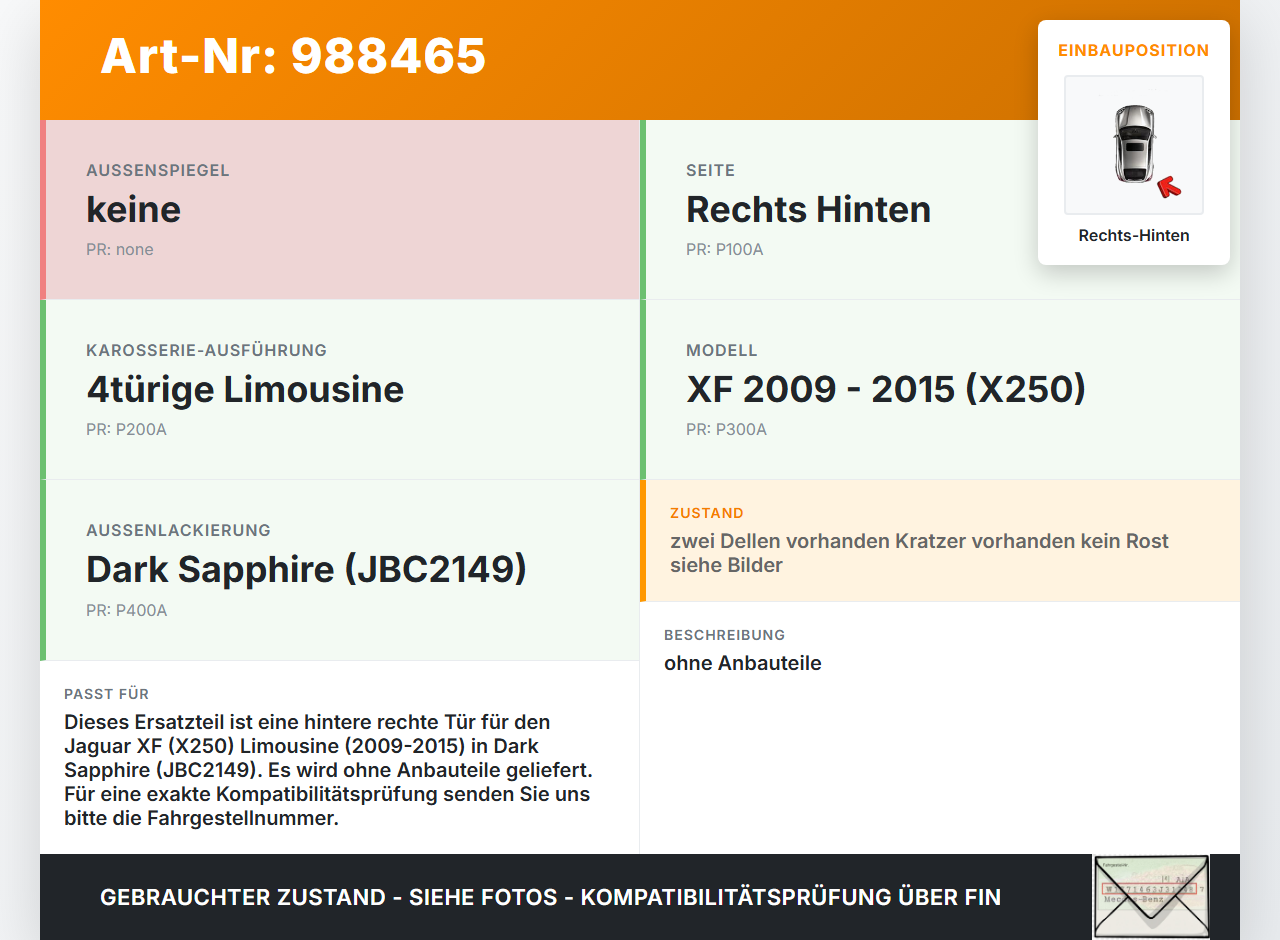 Jaguar XF X250 11-15 Lim Tür Rechts Hinten JBC2149 Jaguar XF X250 11-15 19.06.2014 C2Z2013 gebraucht Vorschau 3